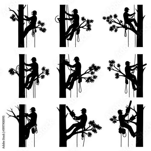 Arborist silhouette set climbing trees with chainsaw and ropes