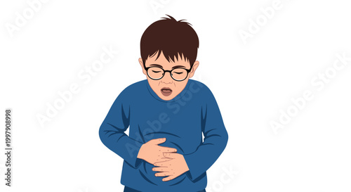 Illustration of a young boy with glasses wearing a blue sweater and holding his stomach while experiencing abdominal pain.