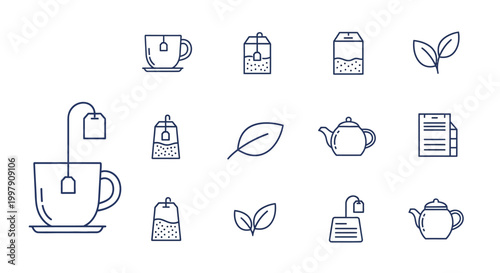 Tea icons collection with cup, teapot, leaves and tea bags