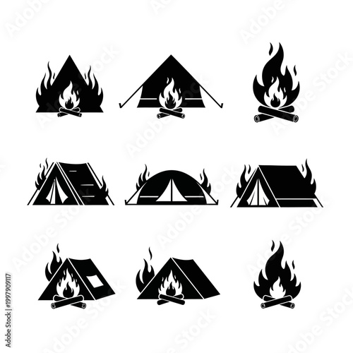 Camping tent and campfire icons in black and white silhouette