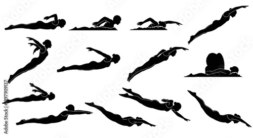 Silhouette swimmers in various strokes and poses