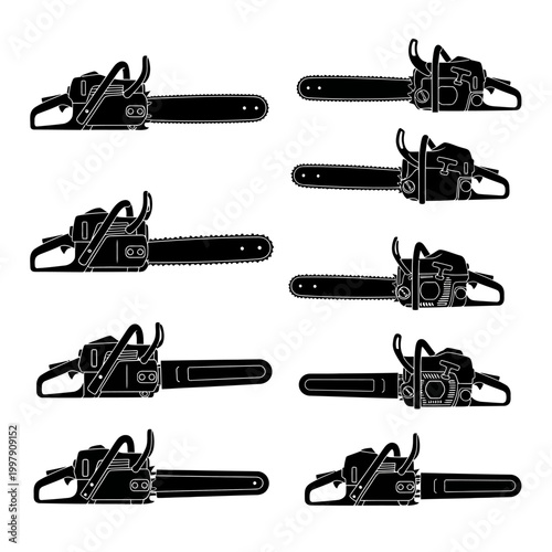 Black chainsaw silhouettes on white background