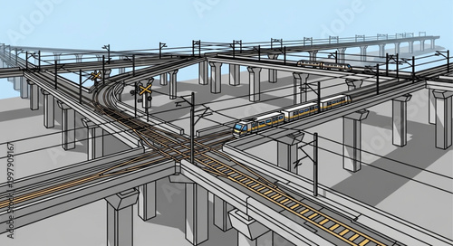 Complex elevated railway infrastructure with multiple tracks and supports.
