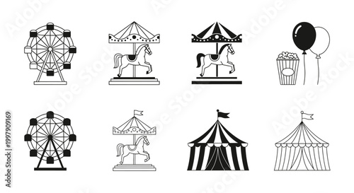 Carnival and amusement park icons in black and white line art style