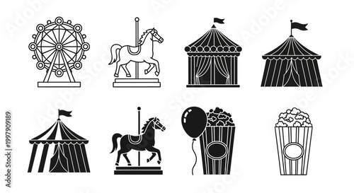 Circus icons with Ferris wheel carousel horse tents popcorn and balloon