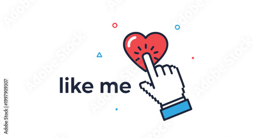 Social media interaction icon featuring a pixelated hand cursor clicking a red heart with the text like me.