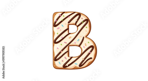 Creative typography illustration featuring a donut shaped into the letter B with white frosting chocolate drizzle and sprinkles.
