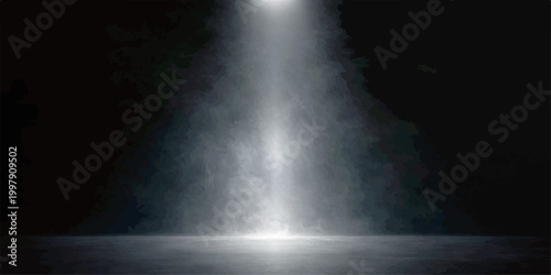 A bright spotlight illuminates the mist of a water fountain and waterfall at night against a dark blue sky with clouds