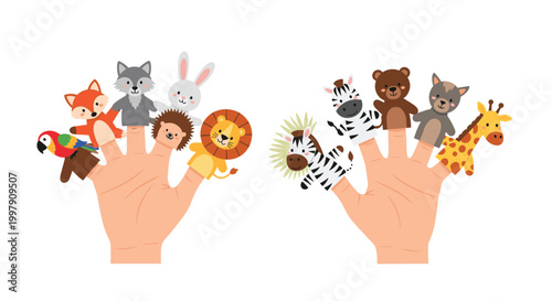 Diverse set of animal hand puppets including a fox wolf rabbit lion bear and giraffe on human fingers for child play.