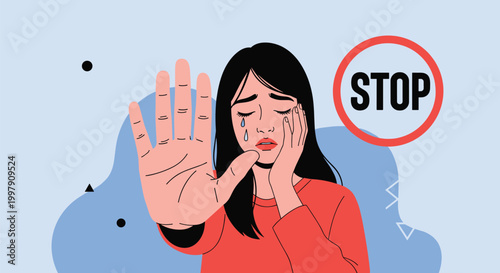 Emotional illustration of a crying woman with tears on her face holding out her hand in a stop gesture near a sign.