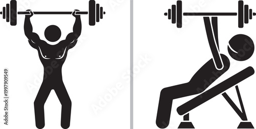 Weightlifting icons: man lifting barbell overhead and man doing bench press