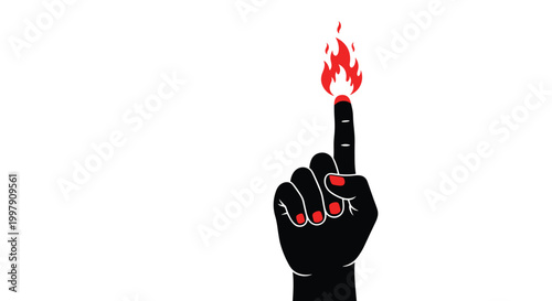 Unique illustration of a black silhouette of a hand with a bright red flame burning on the tip of the index finger.