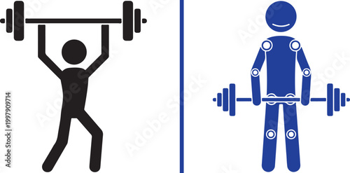 Two stick figures lifting barbells, one black silhouette, one blue icon, isolated on white