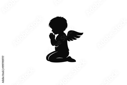 Silhouette of a Winged Infant Angel Kneeling in Prayer on a White Background, Depicting Faith and Innocence