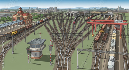 Busy Train Station Junction with Multiple Tracks and Cranes.