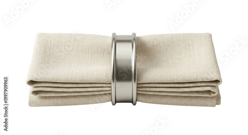 Elegant beige linen napkin with silver metal ring