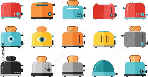 Set of Toaster Appliance Icons with Different Designs for Kitchen Equipment, Breakfast Preparation, Cooking Appliances, and Household Electrical Device Concepts