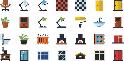 Set of Home Interior and Furniture Icons with Chair, Lamp, Doors, Windows, Fireplace, Sink, Toilet, Plants, and Household Decor Elements for Living Space Design