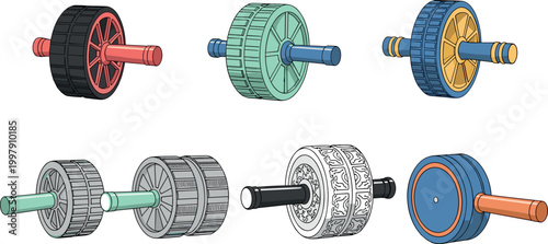 Ab wheel roller collection for core workout training fitness exercise equipment with different designs colorful vector illustration set