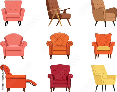 Armchair collection with vintage and modern upholstered chairs in various styles for interior furniture design illustration set