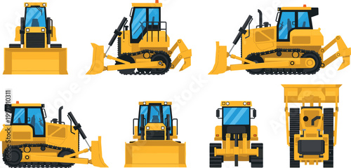Bulldozer vector set featuring heavy construction machinery in multiple views isolated on light background for industrial and building design