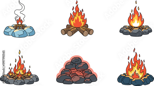 Campfire set with burning fire flames logs and stone fire pits for camping outdoor survival illustration collection isolated