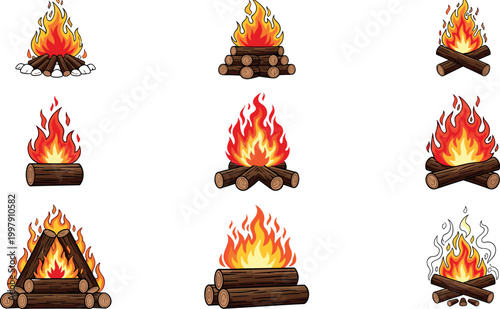 Campfire burning logs set with flames and wood arrangements for camping outdoor survival fire vector illustration collection