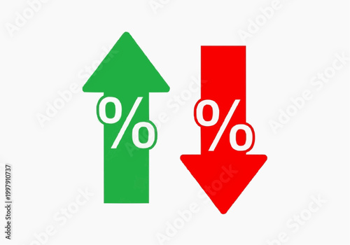 Minimalist Green Up and Red Down Arrows with Integrated Percentage Symbols, Finance and Economy Vector Icon Set