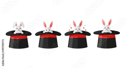 Tableau sur toile Magic Hat with Four Cute Rabbits Appearing, Illusion Show, Entertainment Concept