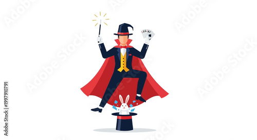 Fotografie Magician Performing Trick with Rabbit from Hat, Wand, and Cards