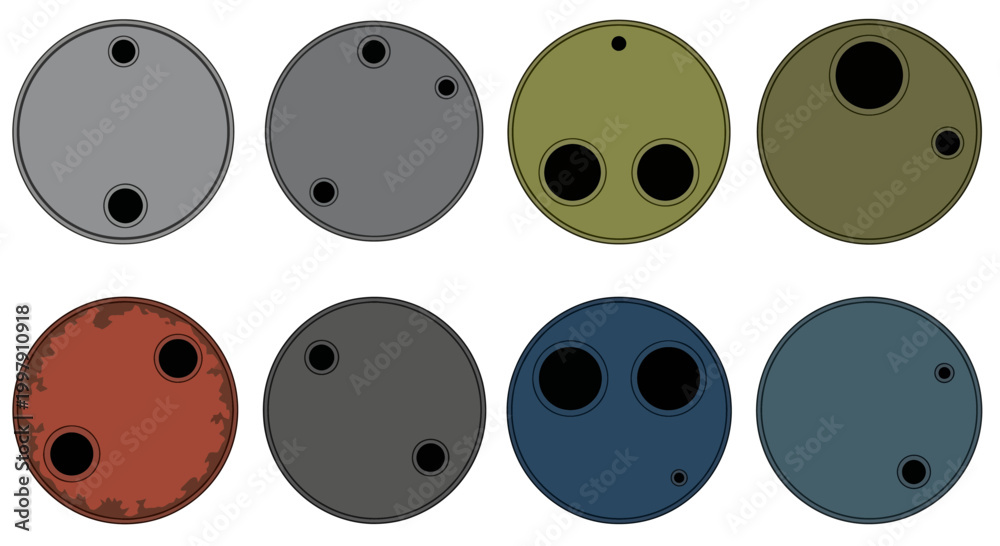 Fototapeta premium Set of 8 abstract round shapes with black circles and dots, various colors