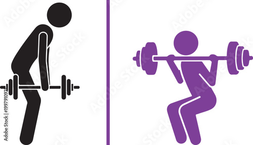 Stick figure lifting weights and squatting with barbell, fitness icons