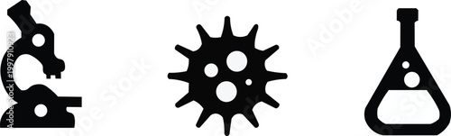 Three black scientific icons of a microscope, virus, and beaker