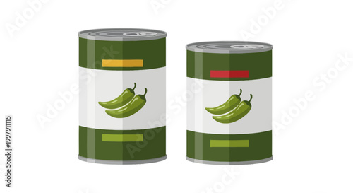 Two Cans of Jalapenos, Preserved Food Packaging with Pepper Illustration