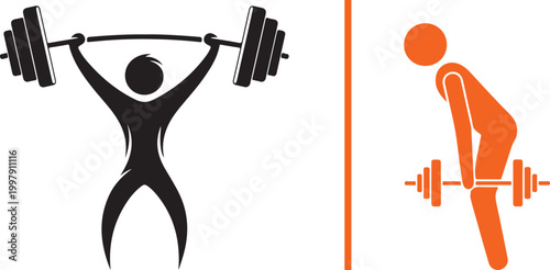 Weightlifting icons, person lifting barbell overhead and person bending to lift barbell