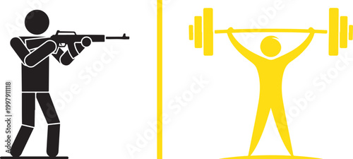 Vector illustration of a stick figure holding a rifle and a stick figure lifting weights