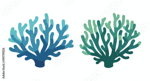 Two Vibrant Coral Branches: Blue and Green, Underwater Marine Life Illustration