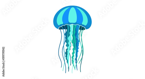 Vibrant Blue Jellyfish Illustration with Flowing Tentacles on White Background