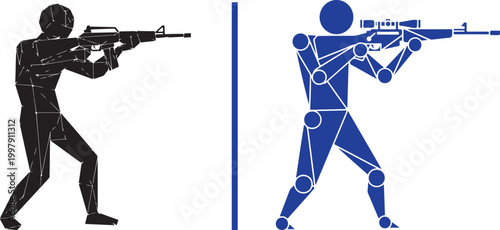 Vector illustration of a soldier aiming a rifle, split image with black and blue figures