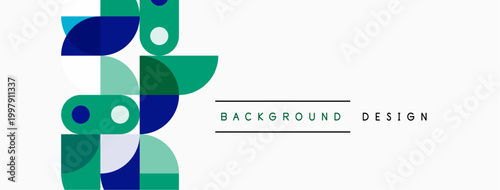 Abstract geometric shapes overlap, creating modern visual design. Blue, green hues dominate neutral background. Minimalist style.