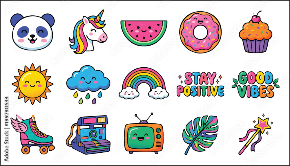 Obraz premium Trendy retro kawaii stickers with unicorn, rainbow, and positive text vector illustrations.