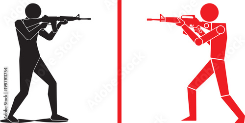 Black and red stick figure aiming rifle on white background