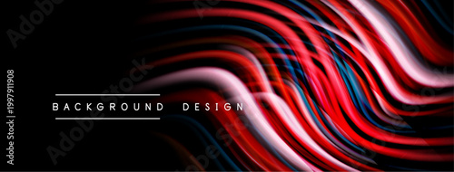 Abstract flowing lines create dynamic visual effect. Red, blue, white hues contrast against black background. Modern design element.
