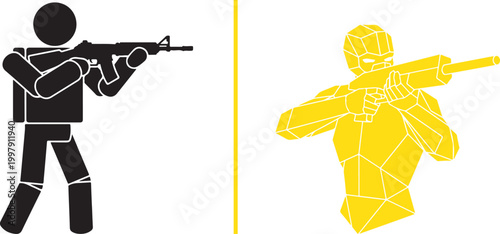 Vector illustration of a stick figure and a geometric figure holding rifles