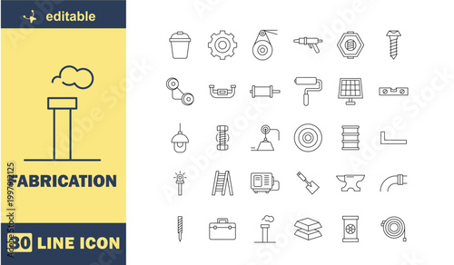 A collection of 30 line icons related to fabrication and industry