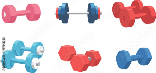 Dumbbell vector set featuring colorful gym weights in different styles isolated on light background for fitness training and workout design