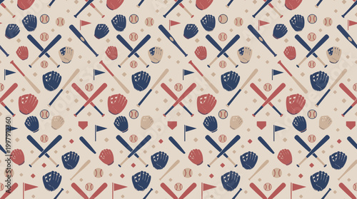 Repeating vintage baseball equipment pattern featuring bats, gloves, and balls on a beige backdrop.