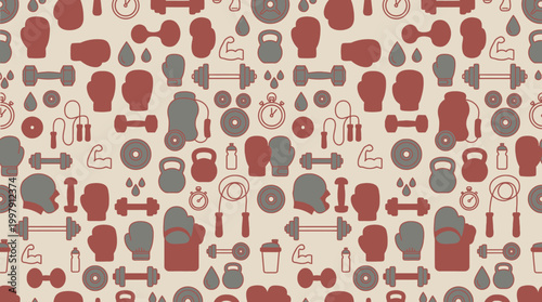 Seamless pattern with abstract icons and geometric motifs in a decorative, repetitive design.