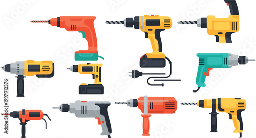 Electric drill vector set featuring cordless and corded power tools with different styles isolated on light background for construction and repair design