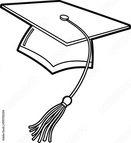 Hand drawn black outline doodle sketch of a classic academic graduation cap with a traditional tassel, symbolizing education achievement and future success.